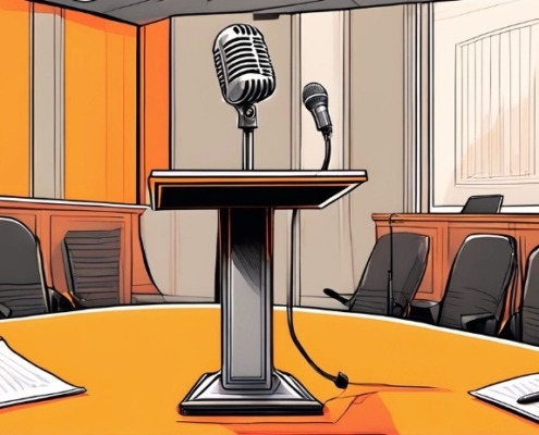 rednerpult und mikrofon vor einem konferenztisch, farben: orange, grau, schwarz, weiß.
