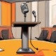 rednerpult und mikrofon vor einem konferenztisch, farben: orange, grau, schwarz, weiß.