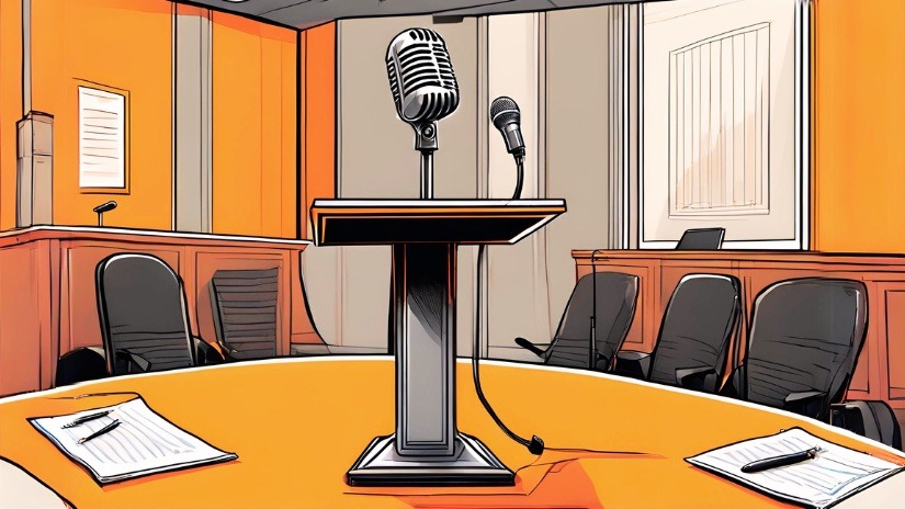 rednerpult und mikrofon vor einem konferenztisch, farben: orange, grau, schwarz, weiß. 